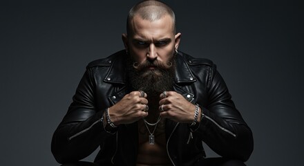 Obraz premium Powerful Portrait of Bearded Man in Leather Jacket Showcasing Strength and Fashion Appeal