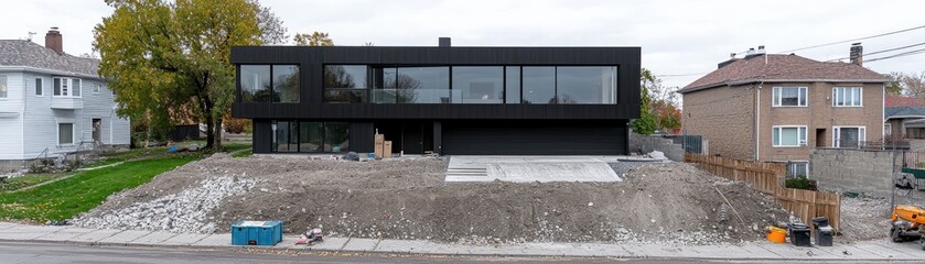 Construction of modern house with windows, landscaping in yard, real estate ads