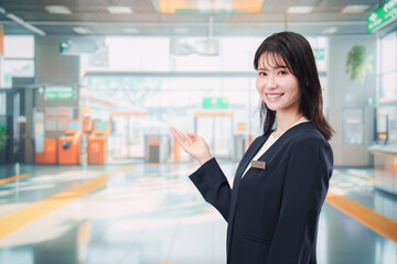 駅で案内をする若い女性のスタッフ