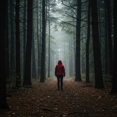 Mysterious Forest Adventure: Solitary Figure in Red Hoodie Walking Among Tall Pine Trees in Misty Woods