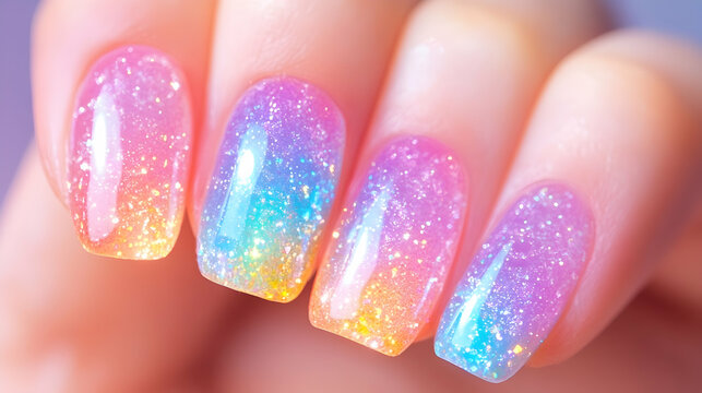 Pastel rainbow glitter nail art closeup