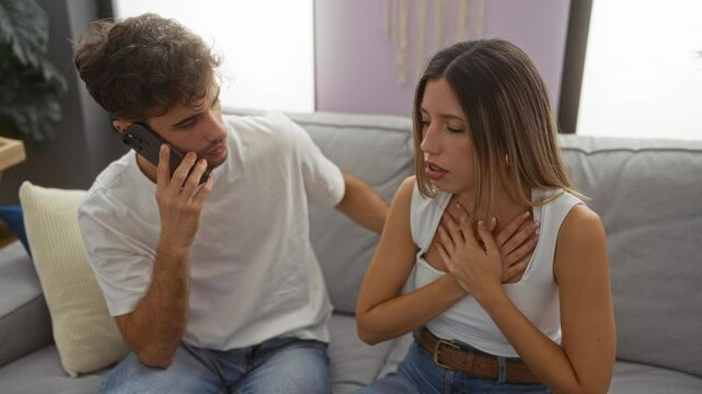 Man on phone while concerned woman holds chest on living room couch, expressing worry and urgency, portraying a supportive relationship in a comfortable home setting.