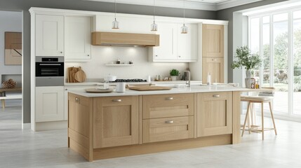 Modern Oak Kitchen Island in Light Cream