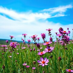 Obraz premium A tranquil landscape of purple and pink wildflowers blooming under a vibrant blue sky, natural, countryside, blue sky