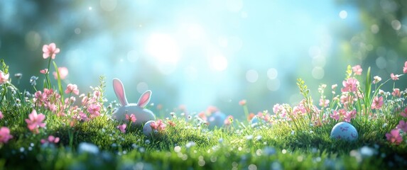 Whimsical Easter Scene with Bunny and Colorful Eggs Surrounded by Delicate Flowers under Soft Glowing Light in a Lush Green Meadow