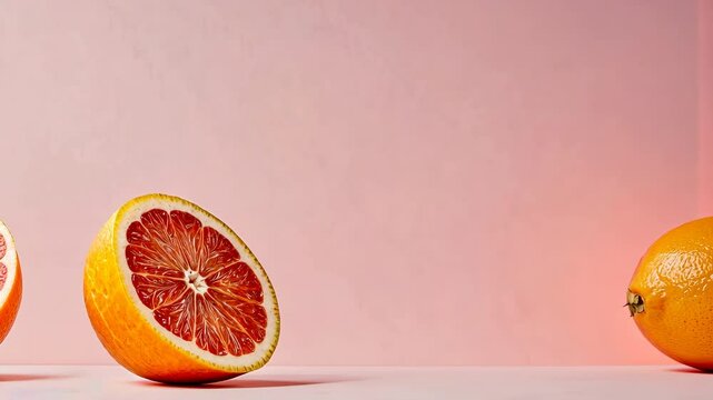 A half of juicy grapefruit on pink background.