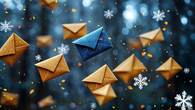 Floating Envelopes in Winter Forest Background. Possible Use Stock Photo