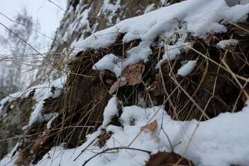 A snowy landscape with a large pile of snow sitting on top of the snow-covered ground, great for winter scenes or seasonal decorations.