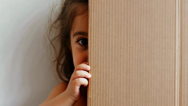 The girl is peeking out from around the corner. The child is scared or playing hide and seek.