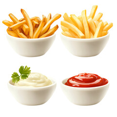 Crispy French Fries with Ketchup and Creamy Dips Delicious Snack isolated on transparent
