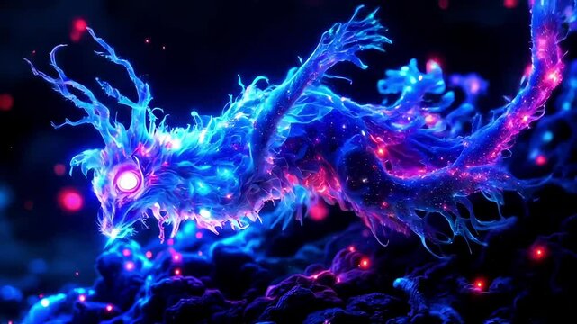 A surreal creature made entirely of morphing pulsing neon fractals