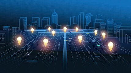 Digital City Navigation: Illuminated markers trace a network of connectivity through a stylized city, symbolizing progress and interconnectedness