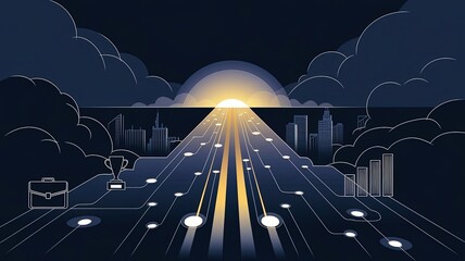 Visionary Path to Success: A dynamic illustration portrays a pathway illuminated by a radiant sunrise, winding towards a futuristic cityscape.