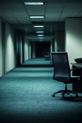 A long, dark passageway with a seat and table in the middle of the space.