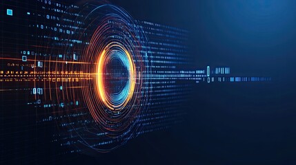 A dynamic 3D animation of a human eye featuring a multicolored iris. Rainbow streaks emerge from a glowing binary circle, creating a detailed volumetric iris and pupil. Rendered in 4K resolution