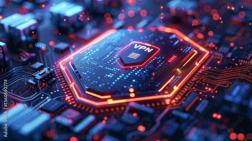 Poster exploring online security technology with a visual representation of a vpn interface on a circuit bo