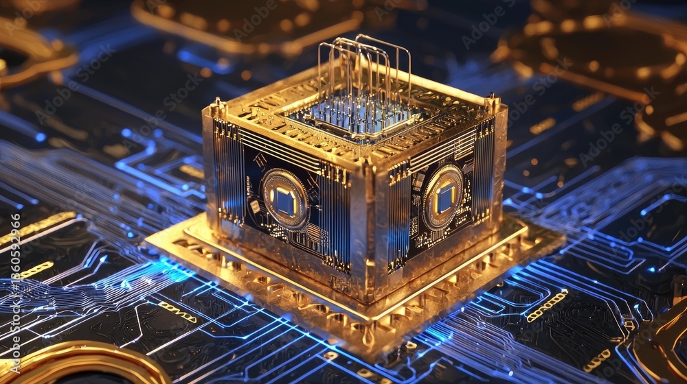Poster modern electronics evolution abstract background with 3d microchip rendering and blue energy lines.