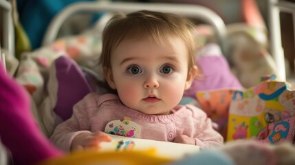 Obraz premium Baby girl in stroller, curious expression