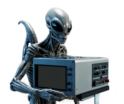 Ethereal Encounter, A Grey Alien Intently Operates an Advanced Communication Device, Conveying a Sense of Mystery and Technological Sophistication that Transcends Earthly Understanding