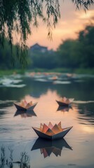 Elegant decorative paper boats drifting calmly on a peaceful river at dusk during qingming festival