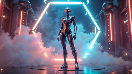 Fototapeta premium A robot with glowing eyes stands in a neon environment in smoke