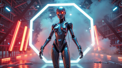 Fototapeta premium A robot with glowing eyes stands in a neon environment in smoke