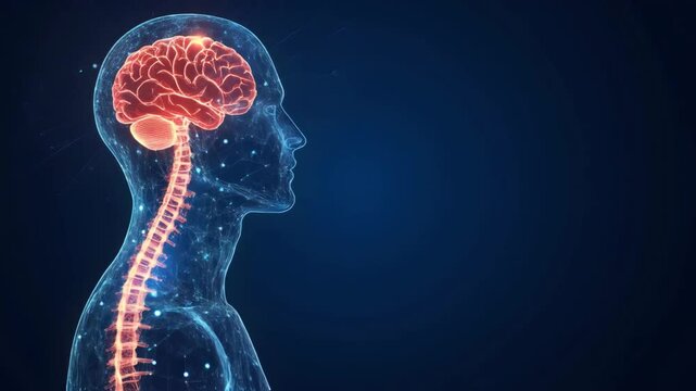 Detailed view of the human brain and spinal cord with a transparent aesthetic. It emphasizes the anatomical structure using vibrant colors against dark background with dark background