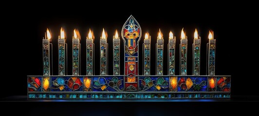 A decorated menorah glowing against a dark background