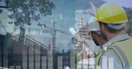 Analyzing building site, construction workers in safety gear using digital graphs