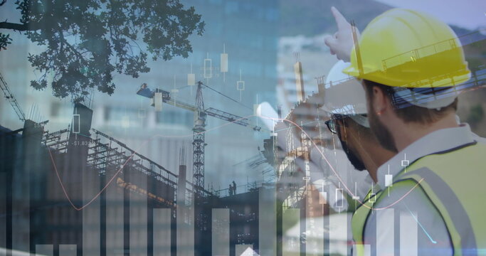 Analyzing building site, construction workers in safety gear using digital graphs