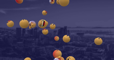 Floating emojis with various expressions over cityscape, creating playful atmosphere