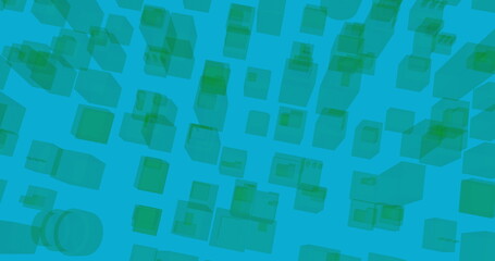 Floating green cubes against blue background, forming modern geometric pattern