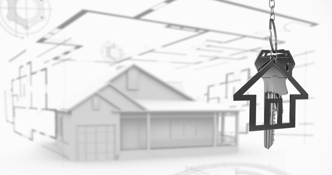 House-shaped keychain with key hanging over architectural blueprint of modern home