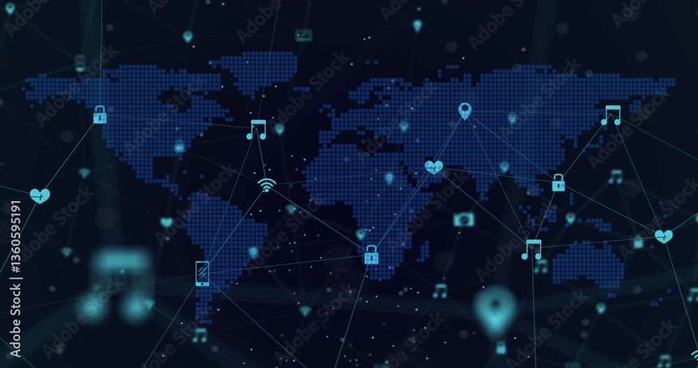 Poster digital world map with icons connecting global communication and technology concepts