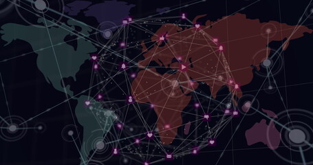 Global digital network connecting continents with icons and lines on world map