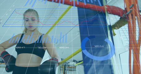 Boxer training in gym with digital data overlay, focusing on performance metrics