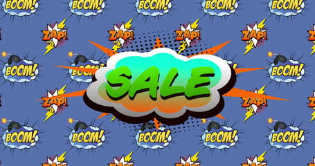 Green sale text in a speech bubble over boom! in retro comic speech bubbles on a purple background