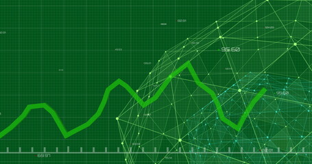 Rising trend line in green digital graph with network connections for data analysis