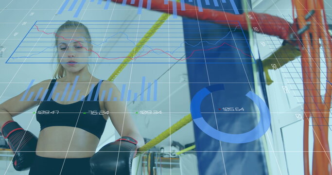 Boxer training in gym with digital data overlay, focusing on performance metrics - Powered by Adobe