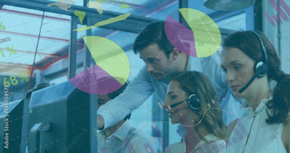 Poster collaborating in office, team using computers and headsets with digital interface