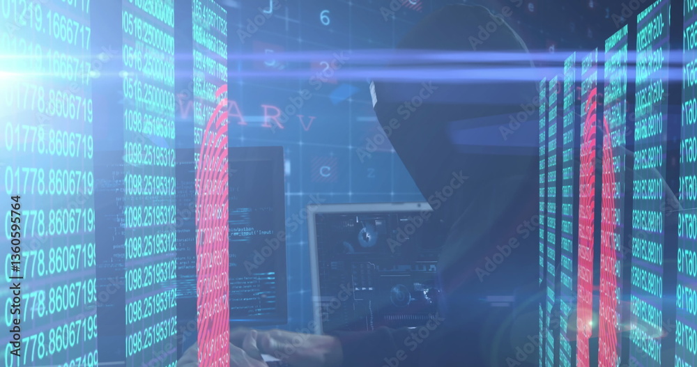 Poster hacker in dark room typing on keyboard surrounded by digital code screens