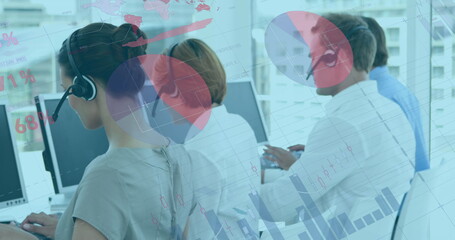 Customer service team using headsets and computers, analyzing digital data overlays