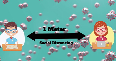 Cartoon characters practicing social distancing, studying and working with laptops