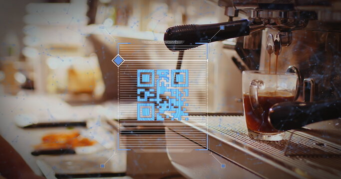 QR code overlaying coffee machine, illustrating digital payment in modern cafe