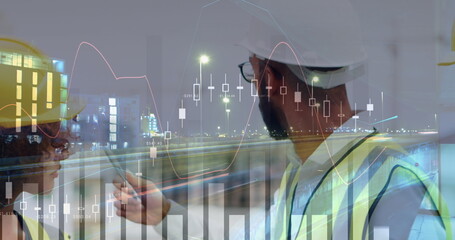 Construction workers discussing project plans with financial data overlay at night