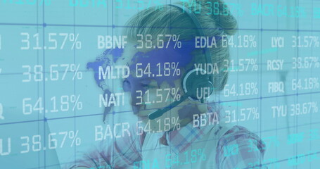 Woman wearing headset analyzing digital stock market data on transparent screen