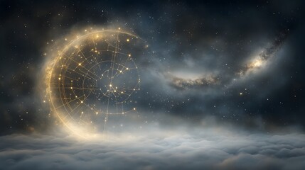 Obraz premium Dreamlike cosmic scene featuring a glowing celestial sphere and star constellations above a cloudscape, blending fantasy and astronomy in a surreal night sky atmosphere 