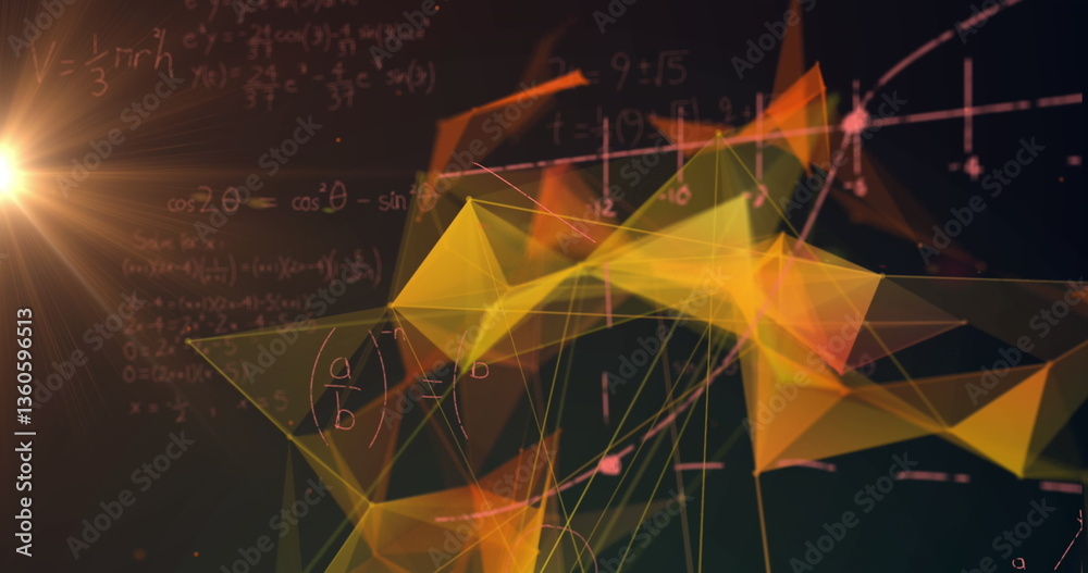 Poster illustrating digital interface concepts, abstract geometric shapes with mathematical formulas