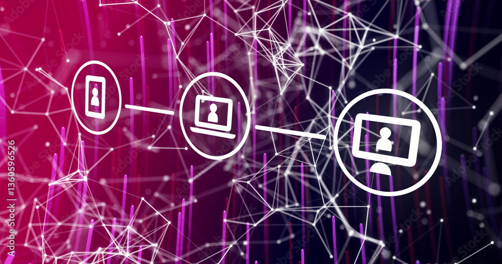 Poster digital network connecting devices with abstract lines and glowing nodes