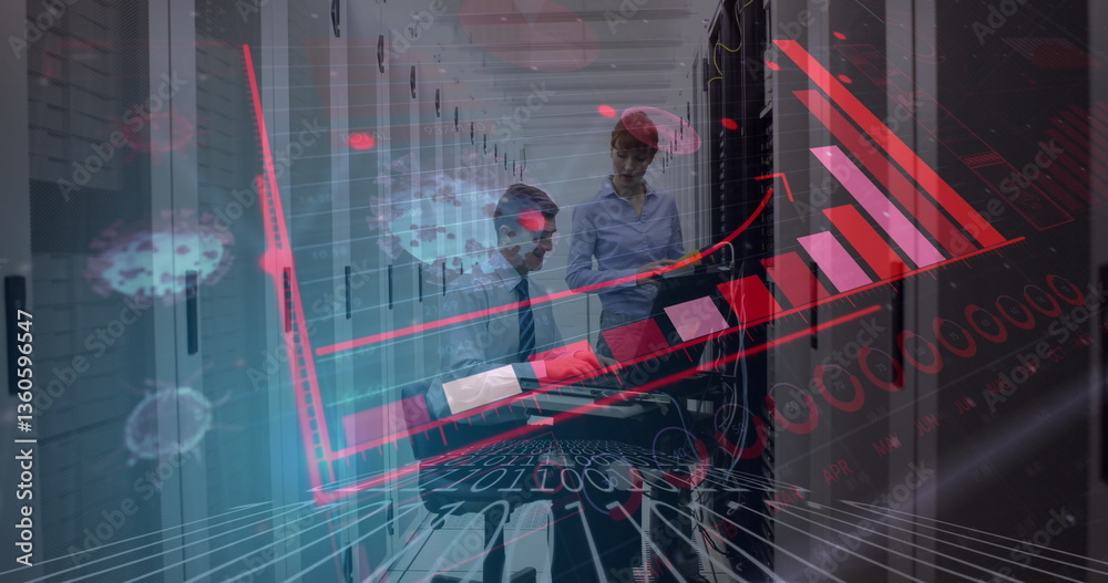 Poster technicians in server room analyzing data with digital graphs overlay